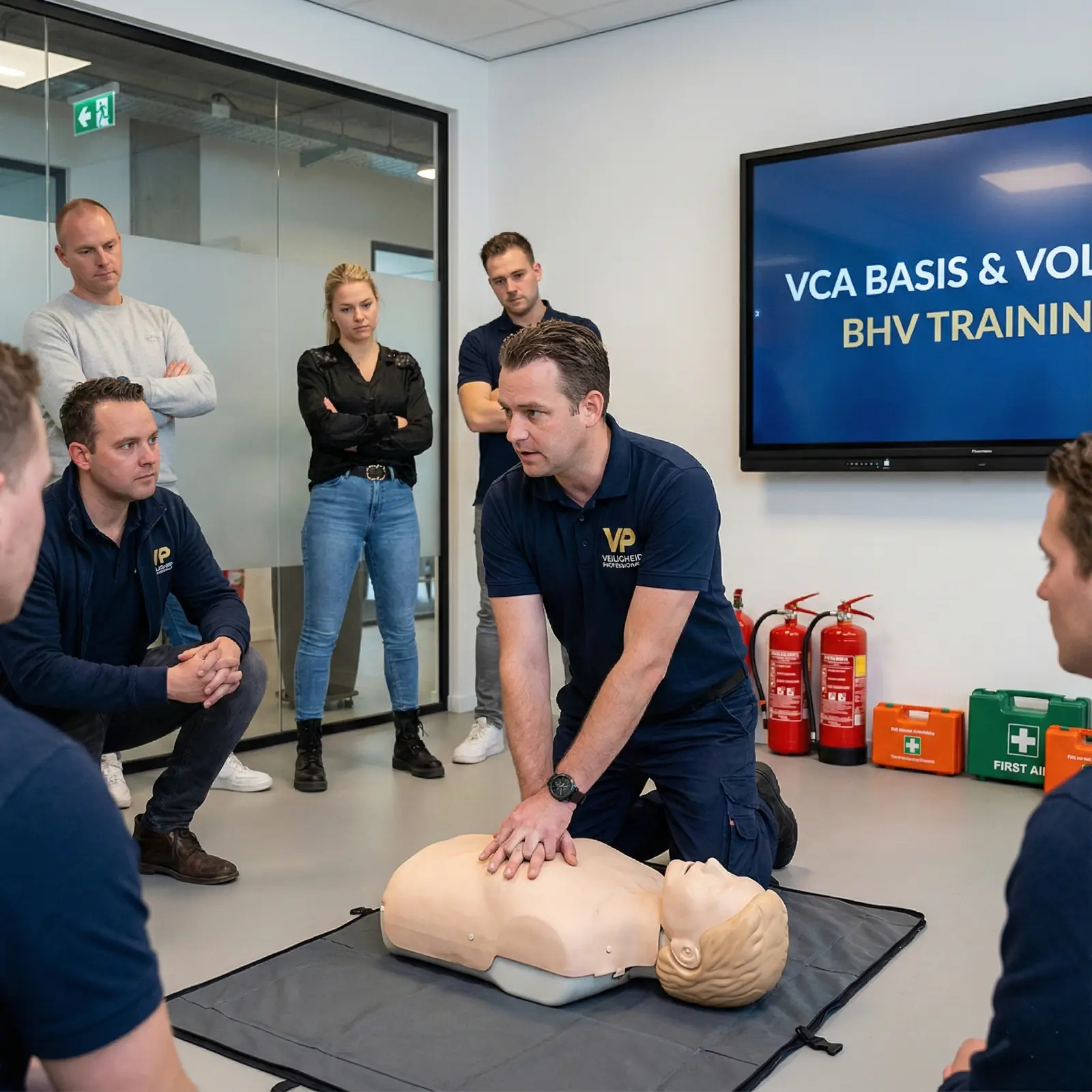 Trainer van Veiligheid Professionals geeft reanimatie-instructie tijdens een BHV-training