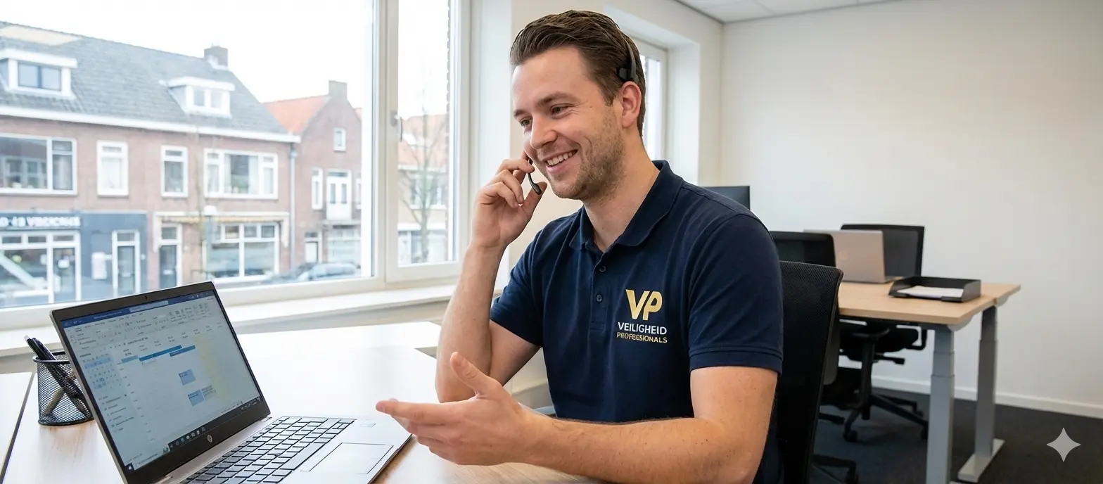 Medewerker van Veiligheid Professionals aan de telefoon op kantoor