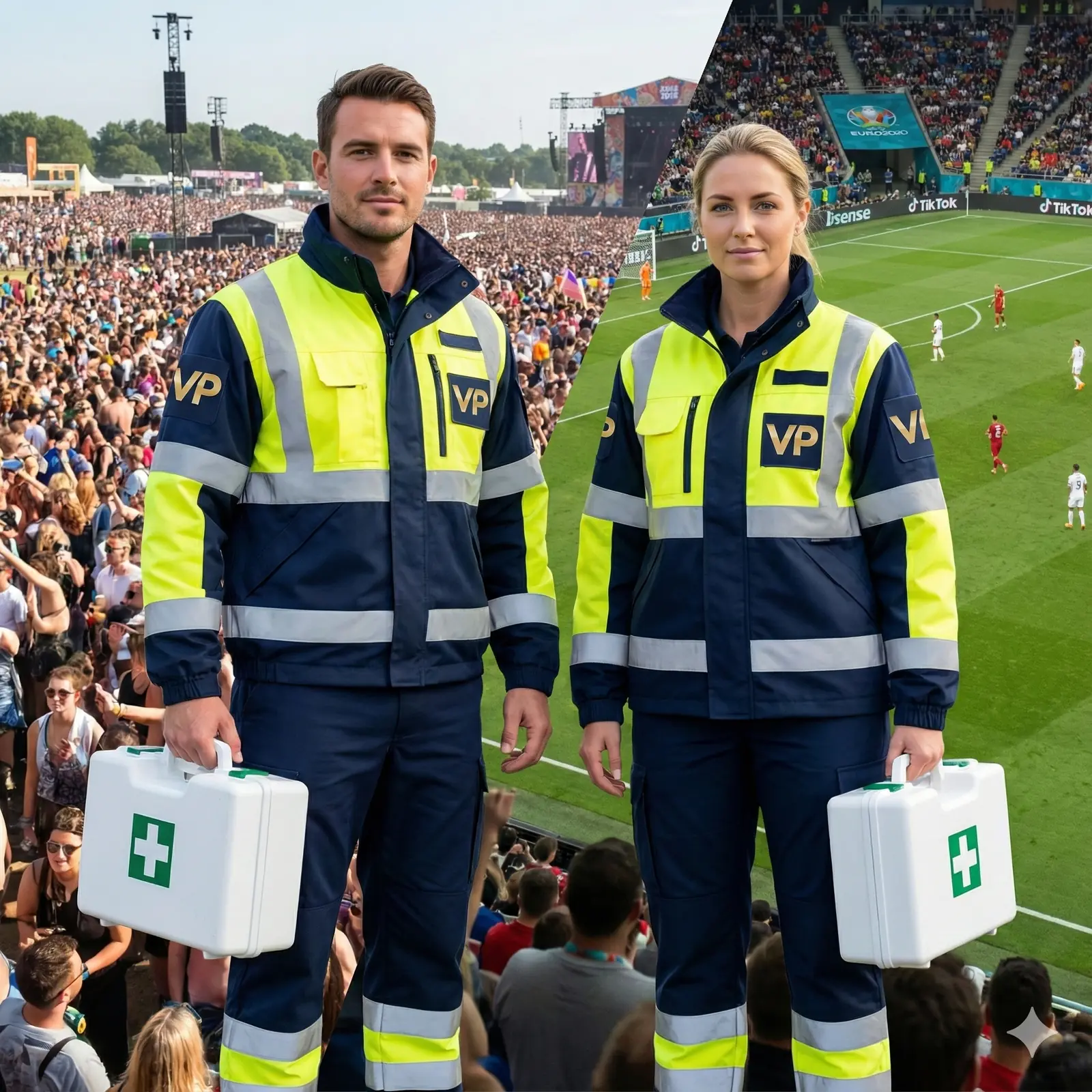 EHBO-team met verbandkoffers bij een stadionevenement