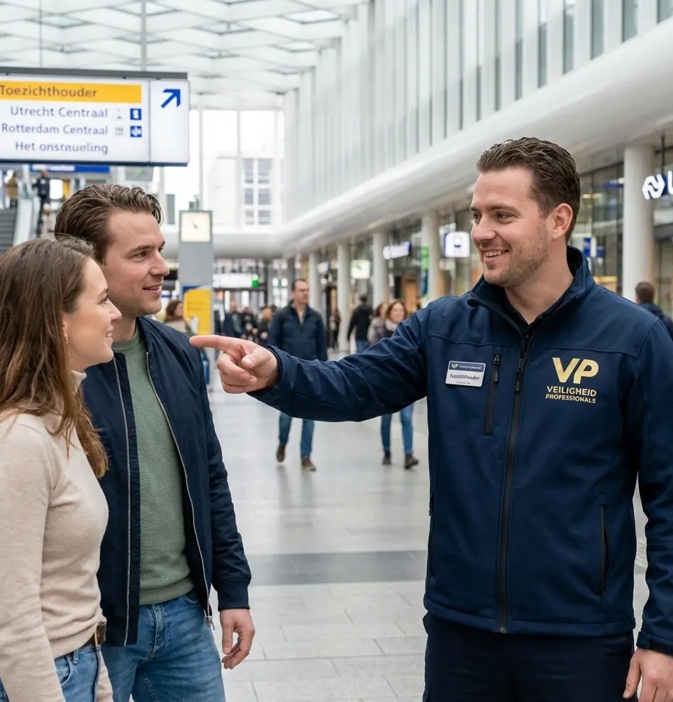 Toezichthouder helpt reizigers op een stationshal