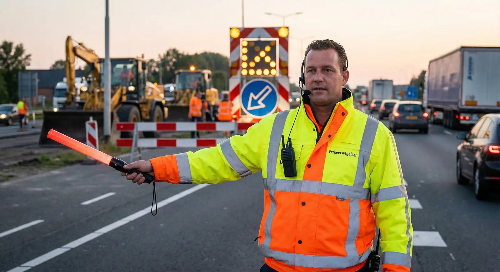 Verkeersregelaar met verkeersstaaf bij wegwerkzaamheden
